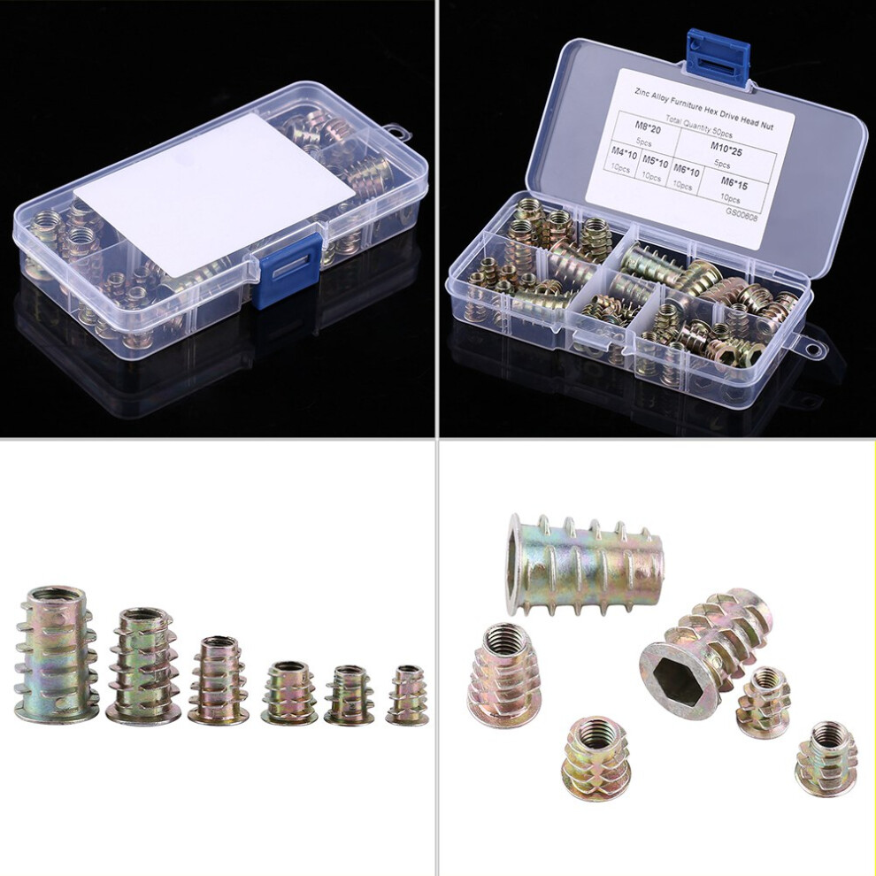 50Pcs Zinc Alloy M4-M10 Hex Drive Threaded Insert Nuts Kit 5001393115086