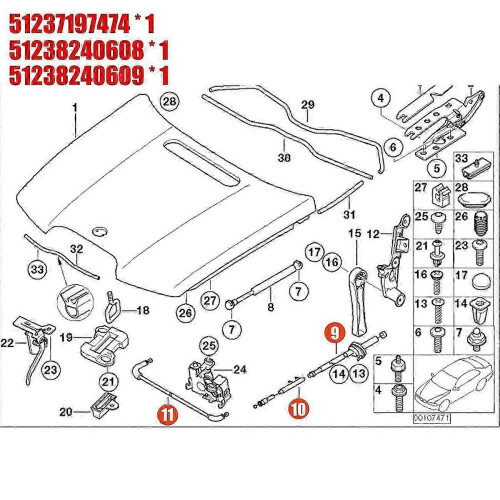 3PCS Motorhauben-Freigabe-Kabelkit für E65 E66 7Er 51237197474 1