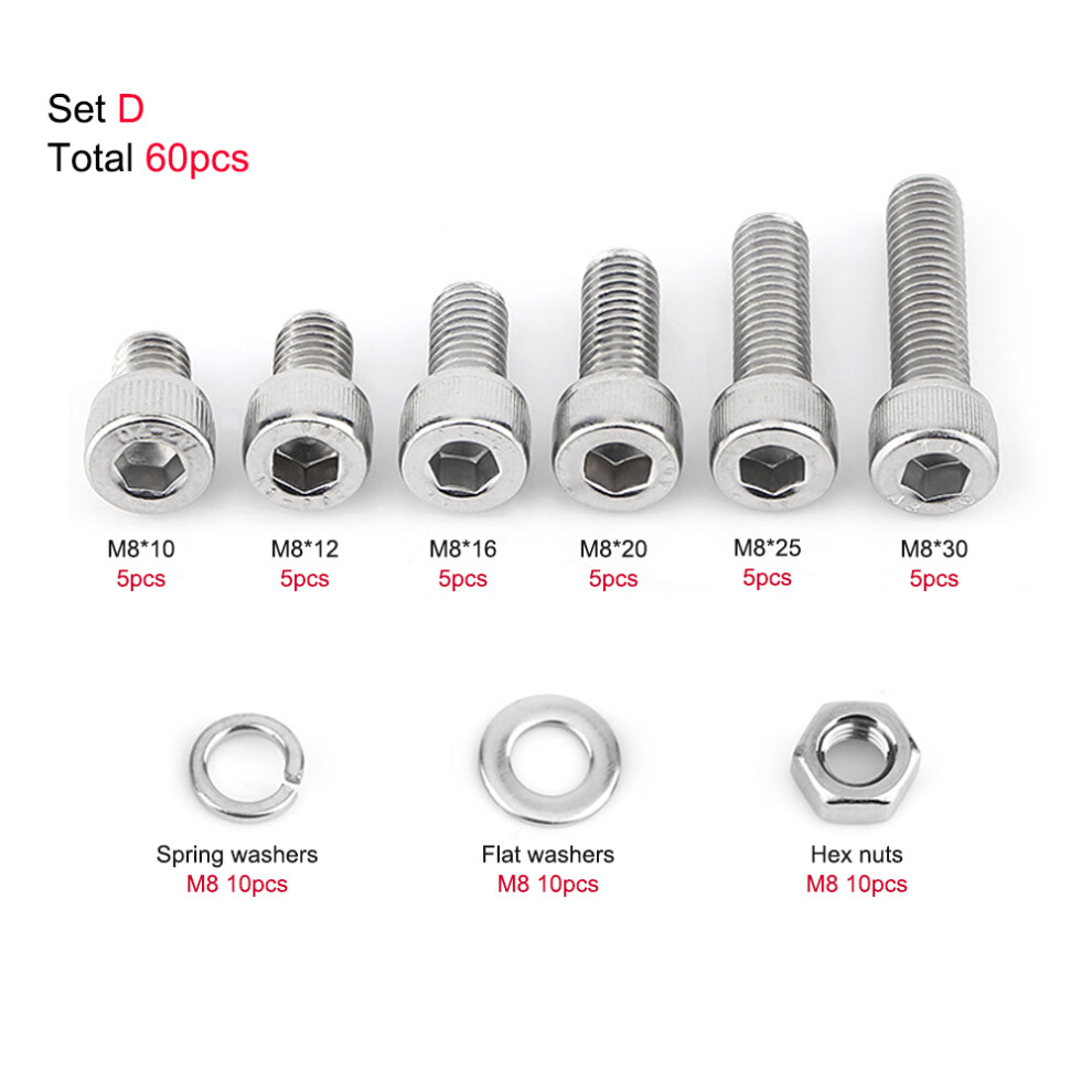 304 Stainless Steel Hex Socket Cap Screws & Nuts Assortment, M8x60pcs 8761393033328