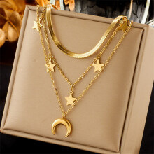 (Golden) HKEDES Retro Versatile Women's Necklace, Fashion Three-layer Stackable Titanium Steel Chain with Smooth Star & Moon Pendant Charm