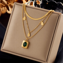 (Necklace) HKEDES Niche Light Luxury Retro Design Titanium Steel Emerald Zircon Jewelry Set - Earrings & Necklace for Elegant Women