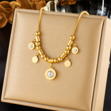 (N1821) HKEDES Fashion Personalized Retro Gold-Plated Stainless Steel Roman Numeral Round Tag Pendant Chain Necklace for Women