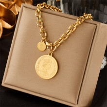 (Golden) HKEDES Fashion Personalized Retro Portrait Round Tag Titanium Steel Pendant Chain Necklace, Minimalist Cold Elegance for Women