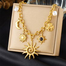 (N3316) HKEDES Women's Gold-Plated Stainless Steel Necklace with Sun, Moon, Gem & Pearl Accent Pendant Chain