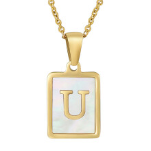 (Golden U (including chain)) HKEDES Stainless Steel Shell Letter Necklace for Women, Fashion Niche Titanium Steel Alphabet Pendant Jewelry