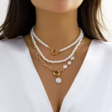 (Golden suit three layers) HKEDES Fashion Long Beaded Chain Stackable Necklace for Women, Retro Personal Pearl OT Clasp Necklace