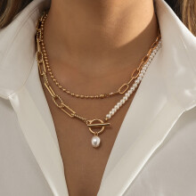 (Golden) HKEDES Fashion Long Beaded Chain Stackable Necklace for Women, Retro Personal Pearl OT Clasp Necklace
