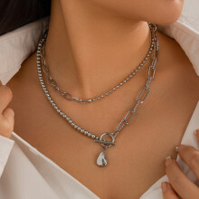 (02 silver) HKEDES Fashion Long Beaded Chain Stackable Necklace for Women, Retro Personal Pearl OT Clasp Necklace