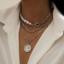 (06 silver) HKEDES Fashion Long Beaded Chain Stackable Necklace for Women, Retro Personal Pearl OT Clasp Necklace
