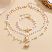 (10 necklace bracelet set) HKEDES Fashion Long Beaded Chain Stackable Necklace for Women, Retro Personal Pearl OT Clasp Necklace