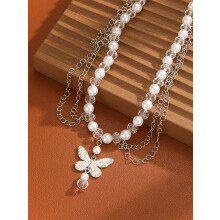 (11 necklace silver) HKEDES Fashion Long Beaded Chain Stackable Necklace for Women, Retro Personal Pearl OT Clasp Necklace