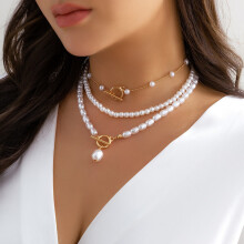 (03gold) HKEDES Fashion Long Beaded Chain Stackable Necklace for Women, Retro Personal Pearl OT Clasp Necklace