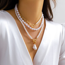 (04gold) HKEDES Fashion Long Beaded Chain Stackable Necklace for Women, Retro Personal Pearl OT Clasp Necklace