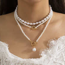 (13 gold necklace) HKEDES Fashion Long Beaded Chain Stackable Necklace for Women, Retro Personal Pearl OT Clasp Necklace
