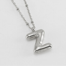 (Steel color Z (including chain)) HKEDES New Chubby Bubble Letter Pendant, Stainless Steel 18K Gold Plated Alphabet Necklace for Women