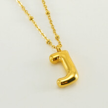 (Gold J (with chain)) HKEDES New Chubby Bubble Letter Pendant, Stainless Steel 18K Gold Plated Alphabet Necklace for Women