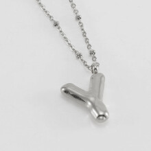 (Steel color Y (including chain)) HKEDES New Chubby Bubble Letter Pendant, Stainless Steel 18K Gold Plated Alphabet Necklace for Women