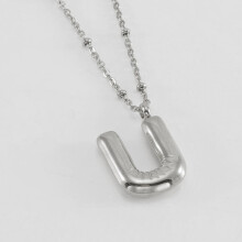 (Steel color U (including chain)) HKEDES New Chubby Bubble Letter Pendant, Stainless Steel 18K Gold Plated Alphabet Necklace for Women