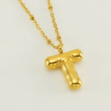 (Gold T (with chain)) HKEDES New Chubby Bubble Letter Pendant, Stainless Steel 18K Gold Plated Alphabet Necklace for Women