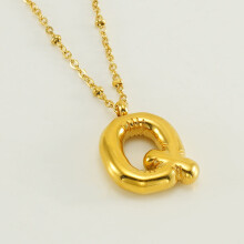 (Golden Q (with chain)) HKEDES New Chubby Bubble Letter Pendant, Stainless Steel 18K Gold Plated Alphabet Necklace for Women