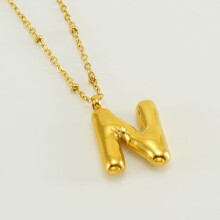 (Gold N (with chain)) HKEDES New Chubby Bubble Letter Pendant, Stainless Steel 18K Gold Plated Alphabet Necklace for Women