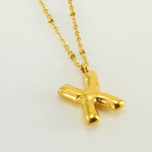 (Gold X (with chain)) HKEDES New Chubby Bubble Letter Pendant, Stainless Steel 18K Gold Plated Alphabet Necklace for Women