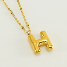 (Gold H (with chain)) HKEDES New Chubby Bubble Letter Pendant, Stainless Steel 18K Gold Plated Alphabet Necklace for Women