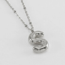(Steel color S (including chain)) HKEDES New Chubby Bubble Letter Pendant, Stainless Steel 18K Gold Plated Alphabet Necklace for Women