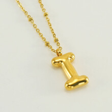 (Gold I (with chain)) HKEDES New Chubby Bubble Letter Pendant, Stainless Steel 18K Gold Plated Alphabet Necklace for Women