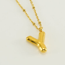 (Gold Y (with chain)) HKEDES New Chubby Bubble Letter Pendant, Stainless Steel 18K Gold Plated Alphabet Necklace for Women