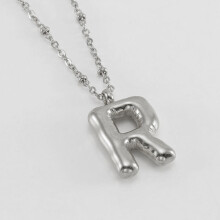 (Steel color R (including chain)) HKEDES New Chubby Bubble Letter Pendant, Stainless Steel 18K Gold Plated Alphabet Necklace for Women