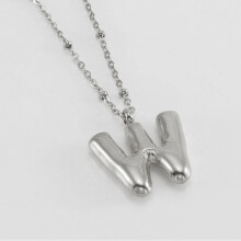 (Steel color W (including chain)) HKEDES New Chubby Bubble Letter Pendant, Stainless Steel 18K Gold Plated Alphabet Necklace for Women