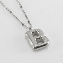 (Steel color B (including chain)) HKEDES New Chubby Bubble Letter Pendant, Stainless Steel 18K Gold Plated Alphabet Necklace for Women