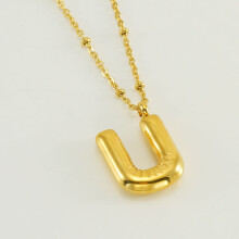(Gold U (with chain)) HKEDES New Chubby Bubble Letter Pendant, Stainless Steel 18K Gold Plated Alphabet Necklace for Women