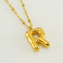 (Gold R (with chain)) HKEDES New Chubby Bubble Letter Pendant, Stainless Steel 18K Gold Plated Alphabet Necklace for Women