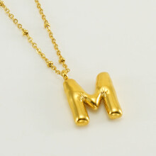 (Gold M (with chain)) HKEDES New Chubby Bubble Letter Pendant, Stainless Steel 18K Gold Plated Alphabet Necklace for Women