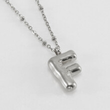 (Steel color F (including chain)) HKEDES New Chubby Bubble Letter Pendant, Stainless Steel 18K Gold Plated Alphabet Necklace for Women