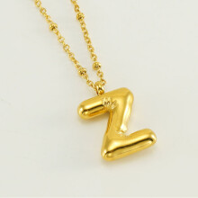 (Gold Z (with chain)) HKEDES New Chubby Bubble Letter Pendant, Stainless Steel 18K Gold Plated Alphabet Necklace for Women