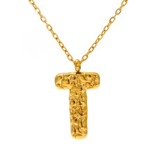 (Letter T) HKEDES Stainless Steel Unique Lava Letter Pendant, Versatile 18K Fade-Proof Necklace for Women