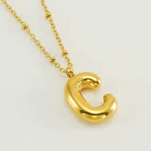 (Gold C (with chain)) HKEDES New Chubby Bubble Letter Pendant, Stainless Steel 18K Gold Plated Alphabet Necklace for Women