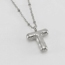 (Steel color T (including chain)) HKEDES New Chubby Bubble Letter Pendant, Stainless Steel 18K Gold Plated Alphabet Necklace for Women
