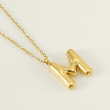 (Letter M (with chain)) HKEDES Chubby Gold Alphabet Necklace for Women, Stainless Steel Bubble Letter Hip-Hop Clavicle Chain