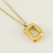 (Letter D (with chain)) HKEDES Chubby Gold Alphabet Necklace for Women, Stainless Steel Bubble Letter Hip-Hop Clavicle Chain