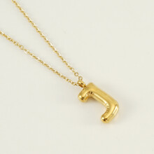(Letter J (with chain)) HKEDES Chubby Gold Alphabet Necklace for Women, Stainless Steel Bubble Letter Hip-Hop Clavicle Chain