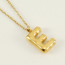 (Letter E (with chain)) HKEDES Chubby Gold Alphabet Necklace for Women, Stainless Steel Bubble Letter Hip-Hop Clavicle Chain