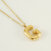 (Letter G (with chain)) HKEDES Chubby Gold Alphabet Necklace for Women, Stainless Steel Bubble Letter Hip-Hop Clavicle Chain