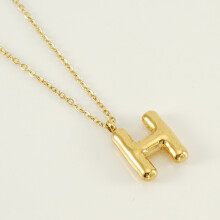 (Letter H (with chain)) HKEDES Chubby Gold Alphabet Necklace for Women, Stainless Steel Bubble Letter Hip-Hop Clavicle Chain