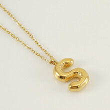 (Letter S (with chain)) HKEDES Chubby Gold Alphabet Necklace for Women, Stainless Steel Bubble Letter Hip-Hop Clavicle Chain