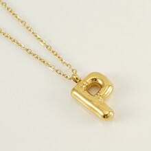 (Letter P (with chain)) HKEDES Chubby Gold Alphabet Necklace for Women, Stainless Steel Bubble Letter Hip-Hop Clavicle Chain
