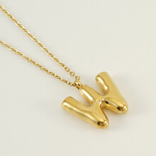 (Letter W (with chain)) HKEDES Chubby Gold Alphabet Necklace for Women, Stainless Steel Bubble Letter Hip-Hop Clavicle Chain